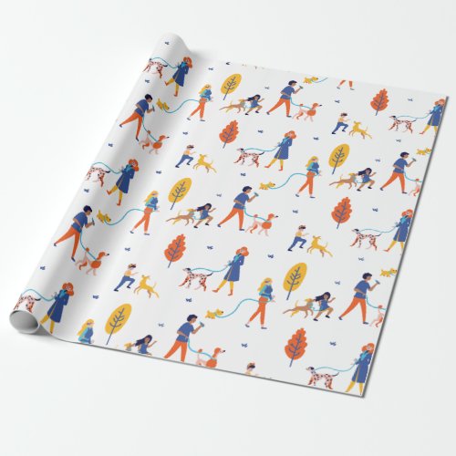 Hand Drawn People Walking Dogs Pattern Wrapping Paper