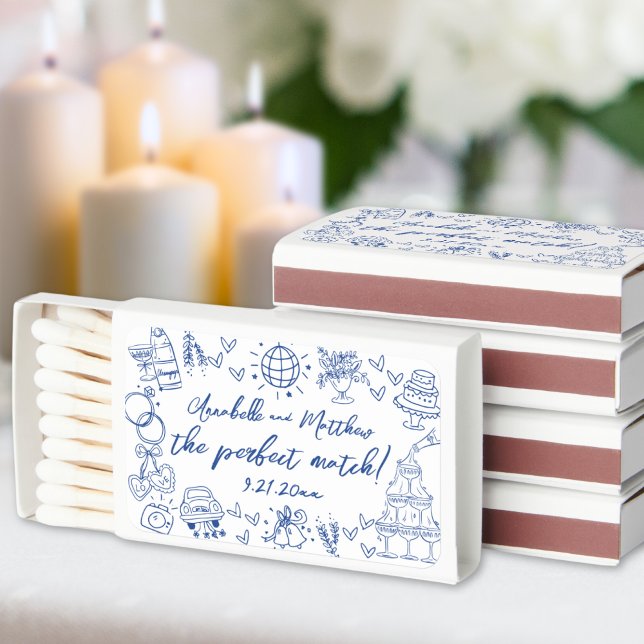 Hand Drawn Perfect Match Whimsical Blue Wedding (Hand Drawn Handwritten Whimsical Blue Wedding Matchboxes)