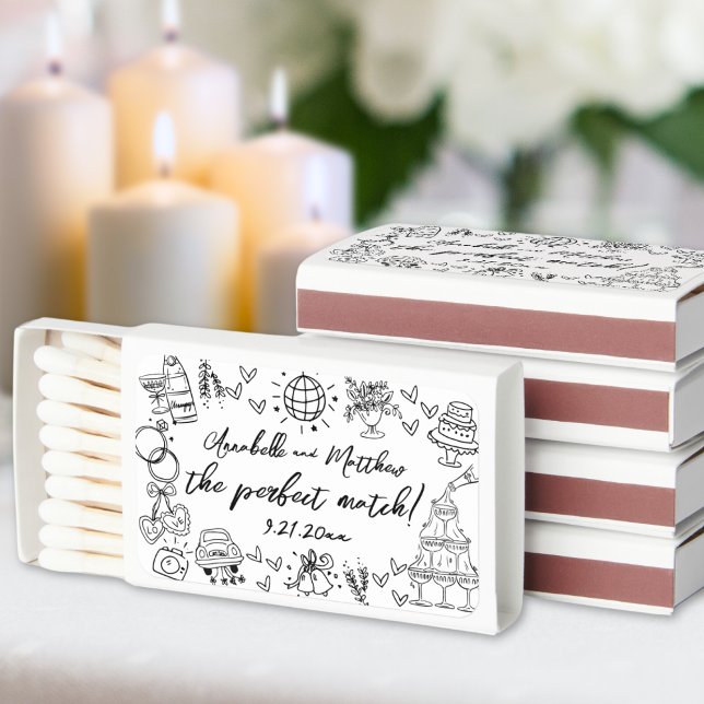Hand Drawn Perfect Match Whimsical Wedding (Hand Drawn Handwritten Whimsical Wedding Matchboxes)