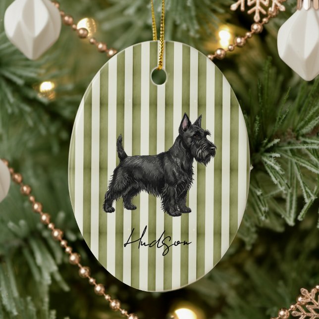 Hand Drawn Pet Portrait Sketch Scottish Terrier Ceramic Ornament (Celebrate the holidays with this timeless, vintage striped pet portrait! )