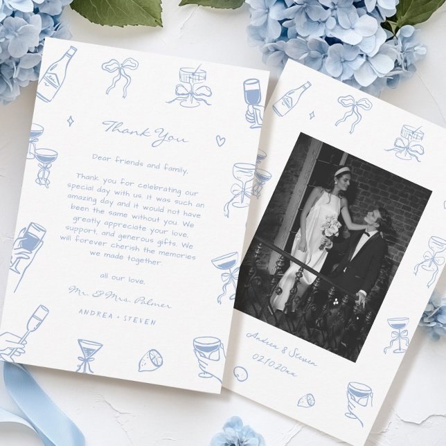 Hand Drawn Photo Dusty Blue Wedding  Thank You Card (Creator Uploaded)