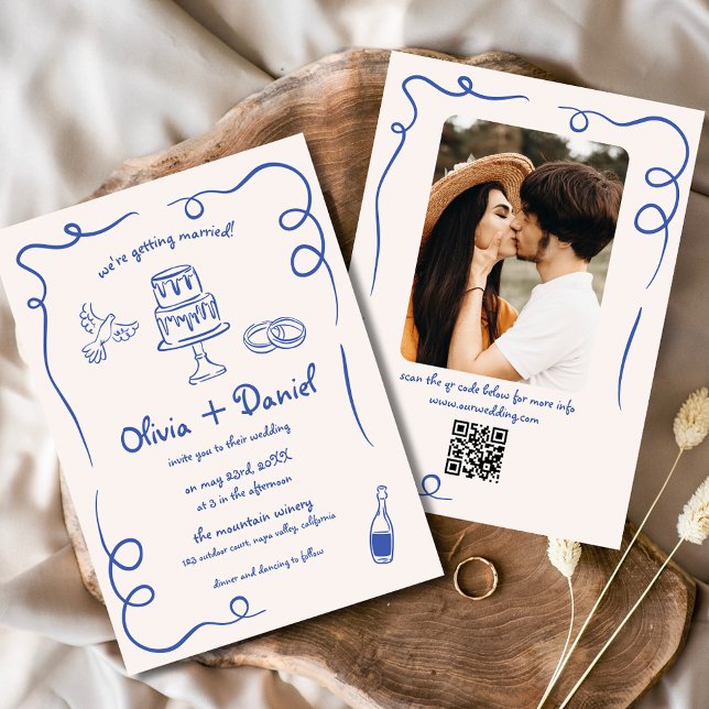 Hand Drawn Photo QR Code Blue Whimsical Wedding Invitation (Creator Uploaded)