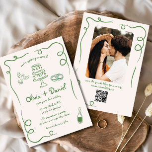 Hand Drawn Photo QR Code Quirky Whimsical Wedding Invitation