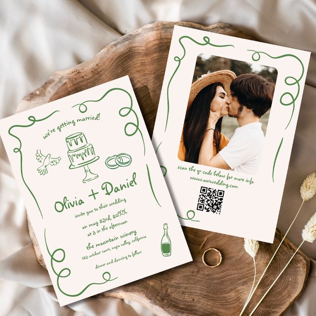 Hand Drawn Photo QR Code Quirky Whimsical Wedding Invitation (Creator Uploaded)