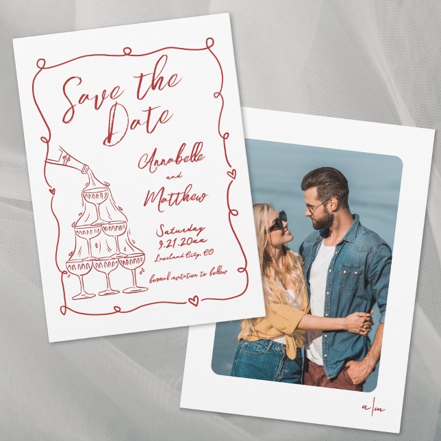 Hand Drawn Photo Whimsical Red Wedding Save The Date (Hand Drawn Photo Whimsical Red Wedding Save the Date)