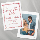 Hand Drawn Photo Whimsical Simple Red Wedding Save The Date<br><div class="desc">Simple Hand Drawn Whimsical Red and White Wedding Save the Date. This European Inspired Red and White Save the Date Card features a clean, minimalist design perfect for couples seeking timeless elegance. A subtle hand-drawn frame with charming red hearts in each corner gently encircles your wedding details, presented in a...</div>