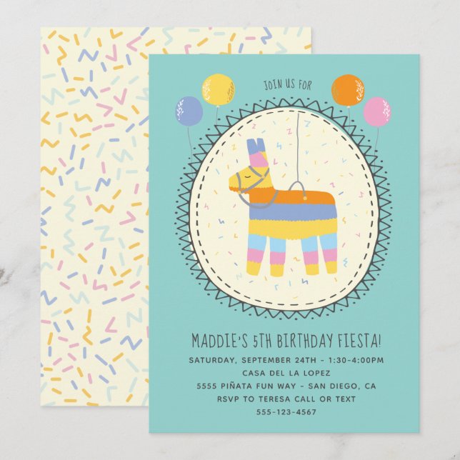 Hand drawn Piñata Mexican Fiesta Birthday Party Invitation (Front/Back)