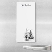 Hand-Drawn Pine Trees Black White Winter Landscape
