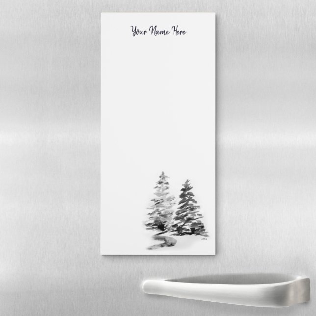 Hand-Drawn Pine Trees Black White Winter Landscape Magnetic Notepad (In Situ)