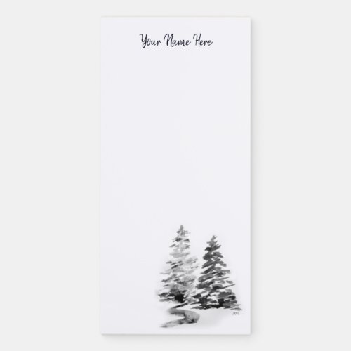 Hand_Drawn Pine Trees Black White Winter Landscape Magnetic Notepad