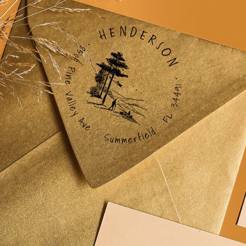 Hand_drawn Pine Woods Hiker Rustic Return Address Rubber Stamp