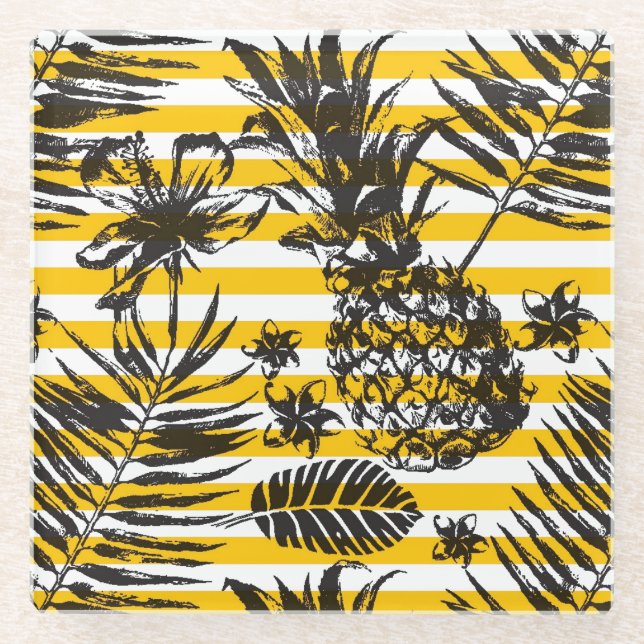 Hand Drawn Pineapples Glass Coaster (Front)