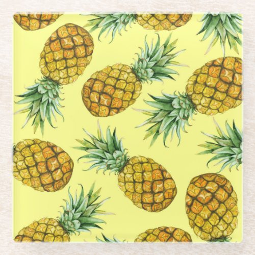 Hand Drawn Pineapples Watercolor Seamless Glass Coaster