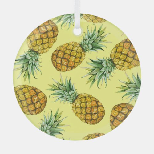 Hand Drawn Pineapples Watercolor Seamless Glass Ornament