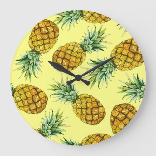 Hand Drawn Pineapples Watercolor Seamless Large Clock