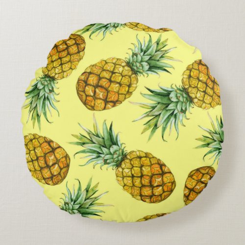 Hand Drawn Pineapples Watercolor Seamless Round Pillow