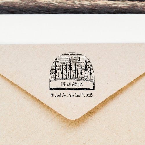 Hand_drawn Pines Landscape Family Return Address Rubber Stamp