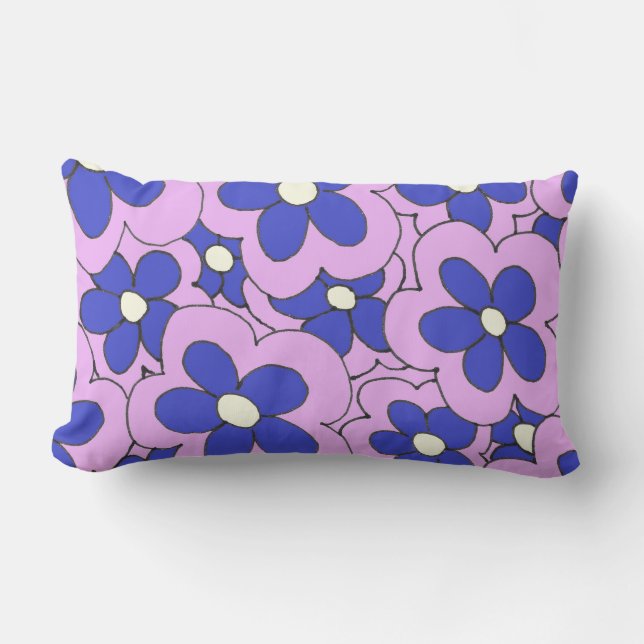 Hand Drawn Pink and Blue Flower Design Lumbar Pillow (Front)
