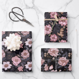 Hand-Drawn Pink and Gold 3D Flower Pattern Wrapping Paper Sheets