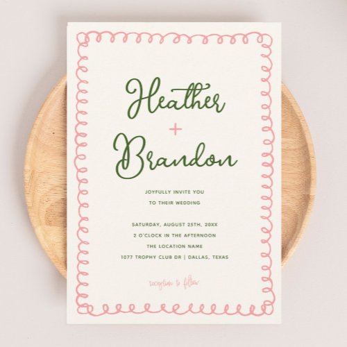 Hand Drawn Pink and Green Colorful Wedding Invitation
