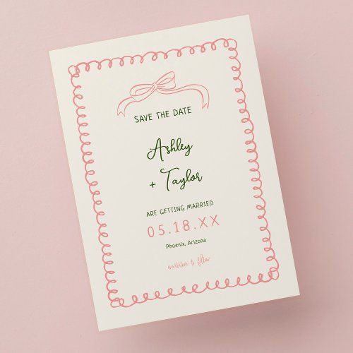 Hand Drawn Pink and Green French Fun Wedding  Save The Date