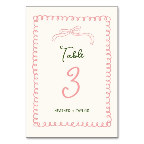 Hand Drawn Pink and Green French Fun Wedding  Table Number