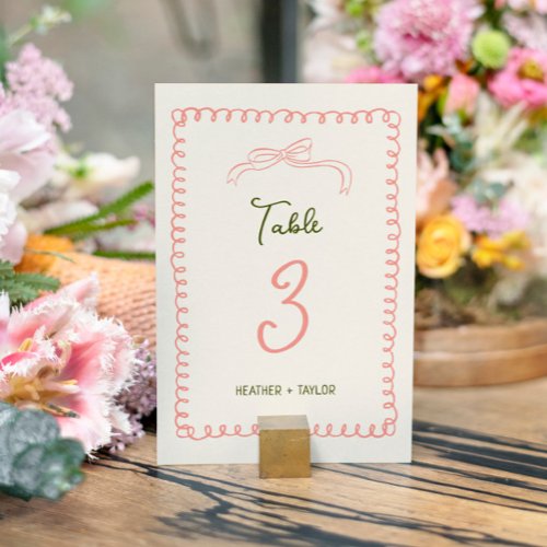 Hand Drawn Pink and Green French Fun Wedding  Table Number