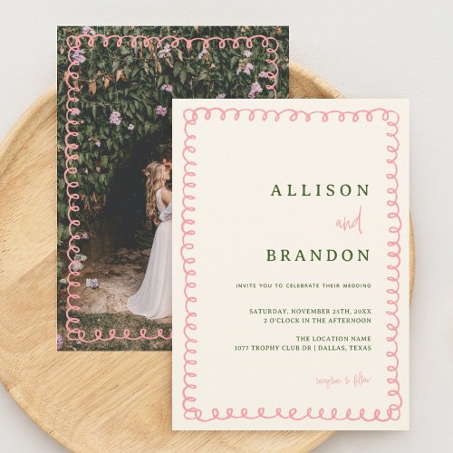 Hand Drawn Pink and Green Fun Wedding Photo Invitation