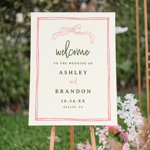 Hand Drawn Pink and Green Wedding Ceremony Welcome Foam Board