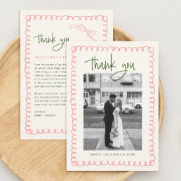 Hand Drawn Pink and Green Wedding Photo Thank You Card
