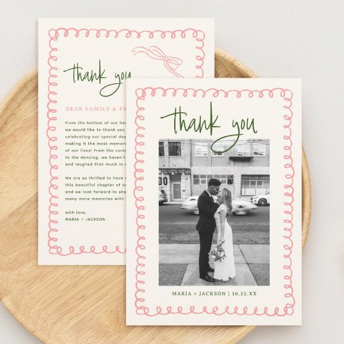Hand Drawn Pink and Green Wedding Photo Thank You Card