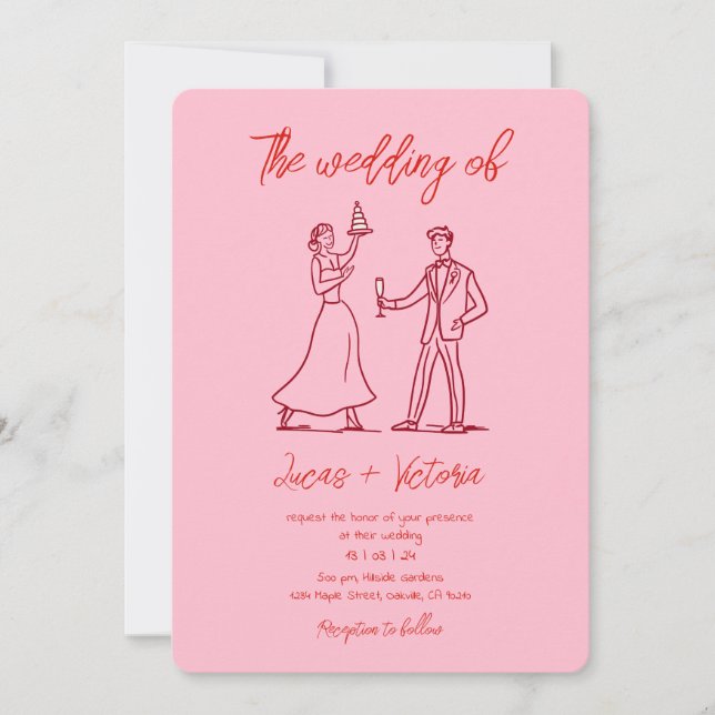 Hand Drawn Pink and Red Whimsical QR Code Wedding Invitation (Front)