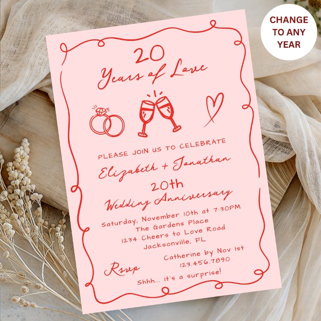 Hand Drawn Pink Any Year Wedding Anniversary Party Invitation (Creator Uploaded)