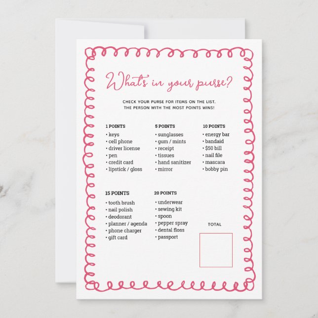 Hand Drawn Pink Baby Shower Purse Game Cards (Front)