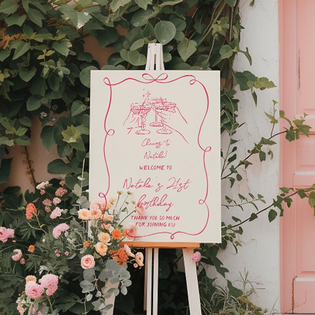 Hand Drawn Pink Birthday 21st Bow Martini Welcome Foam Board (Creator Uploaded)