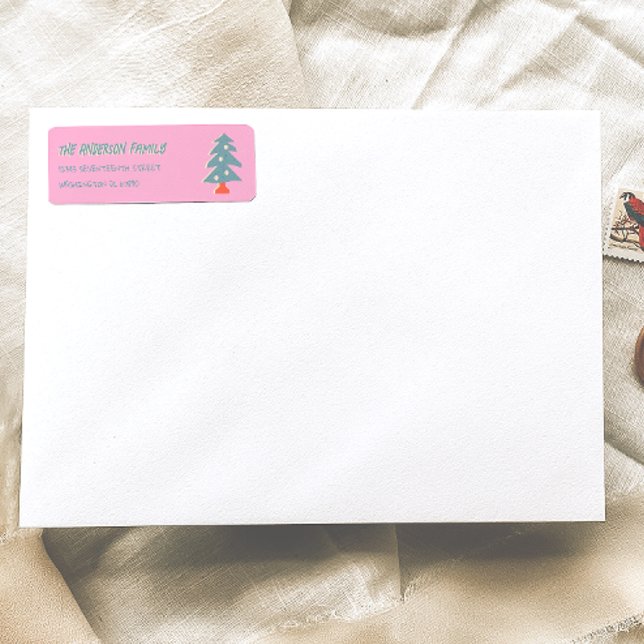 Hand Drawn Pink Blue Christmas Tree Doddle Address Label (Creator Uploaded)