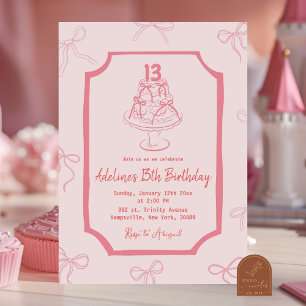Hand Drawn Pink Bow Cake Birthday Girl Invitation