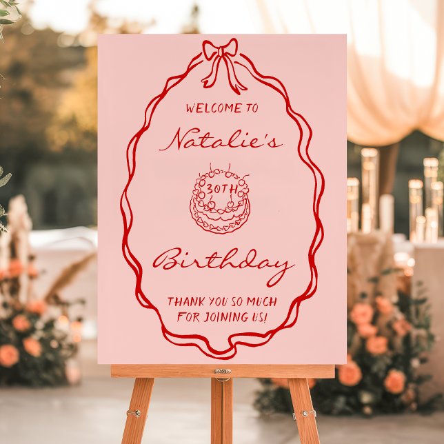 Hand Drawn Pink Bow Cake Coquette Birthday Welcome Foam Board (Creator Uploaded)