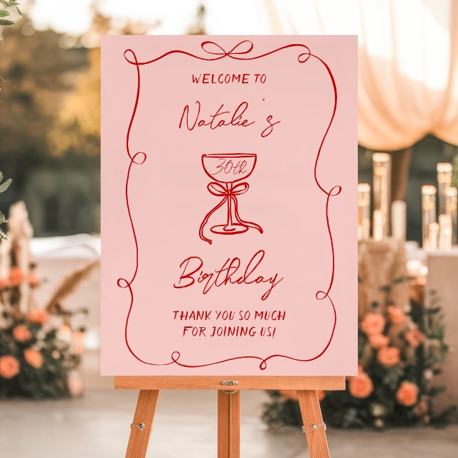Hand Drawn Pink Bow Champagne Fun Birthday Welcome Foam Board (Creator Uploaded)