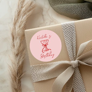 Hand Drawn Pink Bow Champagne Glass Birthday Classic Round Sticker