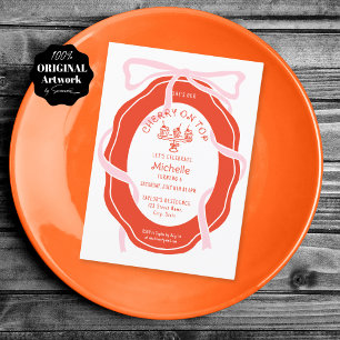 Hand Drawn Pink Bow Cherry on Top Girl Birthday Invitation