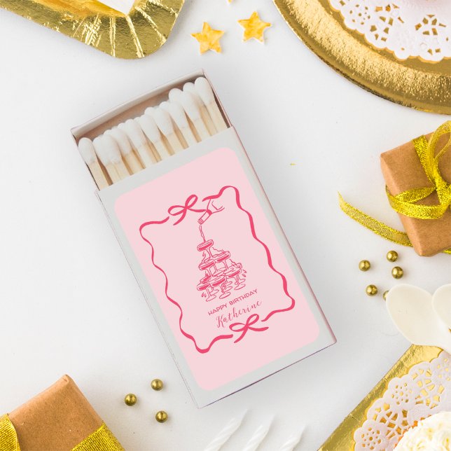  Hand Drawn Pink Bow Frame Champagne Birthday Matchboxes (Creator Uploaded)