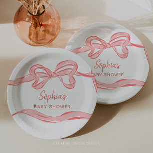 Hand Drawn Pink Bow Girl Baby Shower Paper Plates