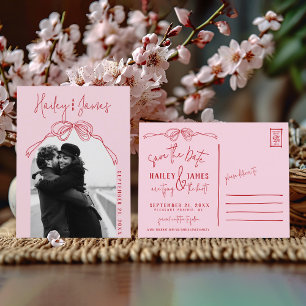Hand Drawn PINK Bow Photo Wedding Save the Date Postcard