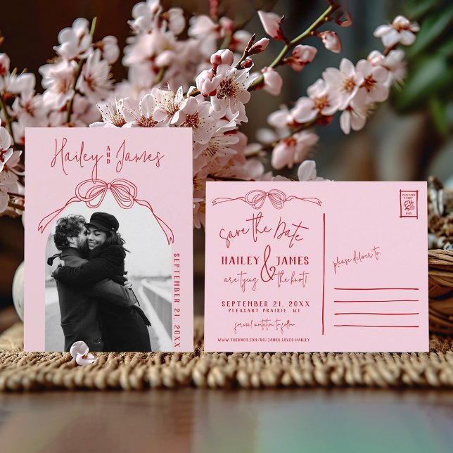  Hand Drawn PINK Bow Photo Wedding Save the Date Postcard (Cute pink & Red quirky modern trendy hand drawn bow retro arch photo wedding save the date postcard)