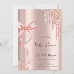 Hand Drawn Pink Bow Rose Gold Drips Baby Shower Invitation