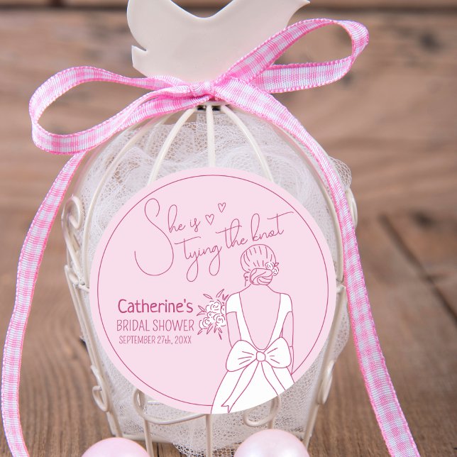 Hand Drawn Pink Bow Wedding Gown Bridal Shower Classic Round Sticker (Creator Uploaded)