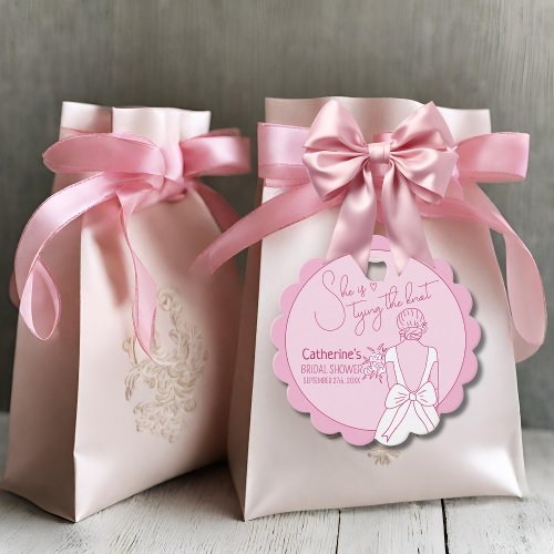 Hand Drawn Pink Bow Wedding Gown Bridal Shower Favor Tags