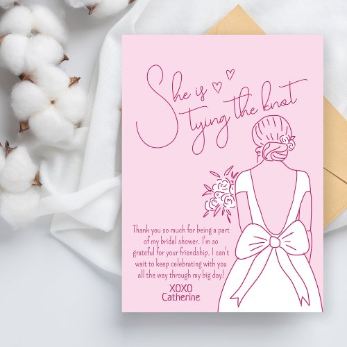 Hand Drawn Pink Bow Wedding Gown Bridal Shower Thank You Card