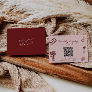 Hand Drawn Pink Burgundy Romantic QR Code Wedding RSVP Card